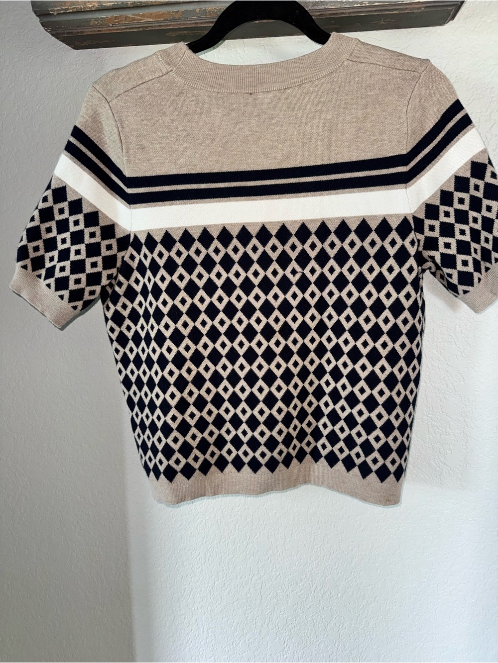 Adrianna Papell Cream & Black Diamond Knit Short Sleeve Geometric Top Medium - Picture 2 of 7
